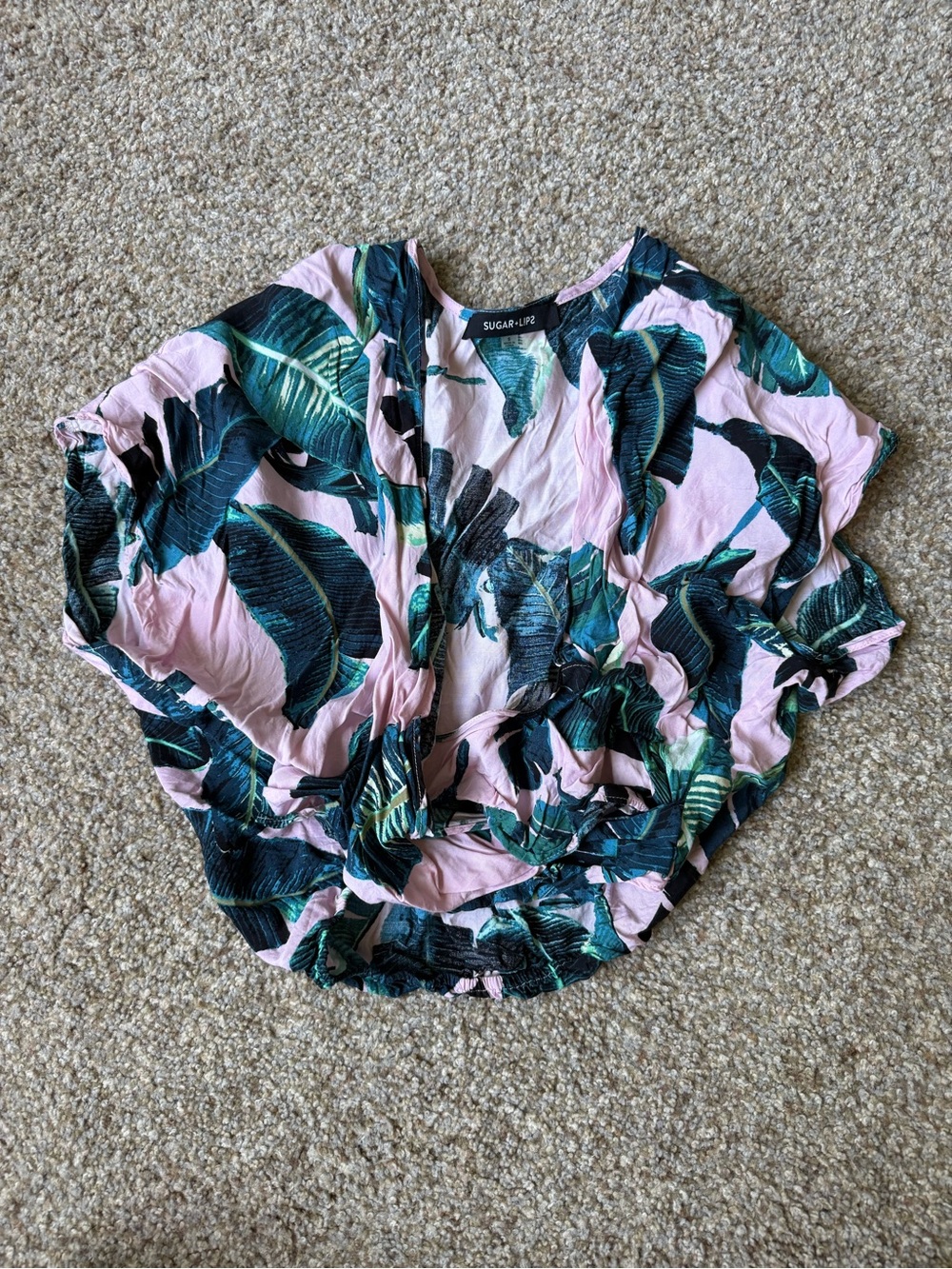 Sugarlips Pink Top with Green Tropical Leaf Print